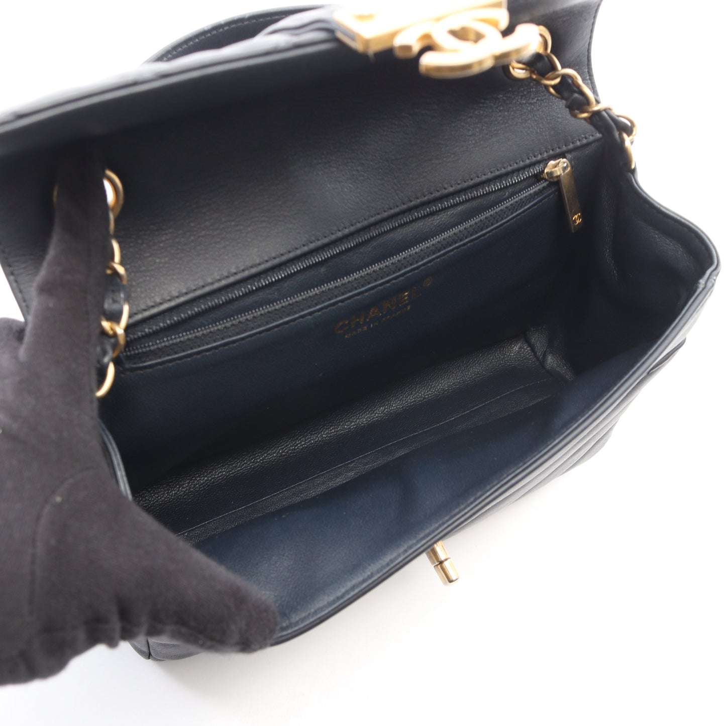 マトラッセ Vステッチ トップハンドル 2WAY チェーンショルダーバッグ レザー ネイビー ゴールド金具 シャネル