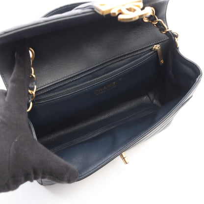 マトラッセ Vステッチ トップハンドル 2WAY チェーンショルダーバッグ レザー ネイビー ゴールド金具 シャネル