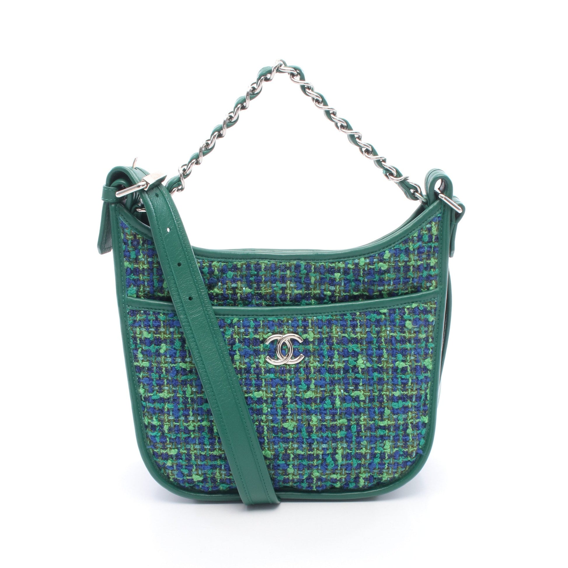 マトラッセ ホーボー ショルダーバッグ ツイード レザー グリーン ブルー マルチカラー シルバー金具 シャネル バッグ CHANEL