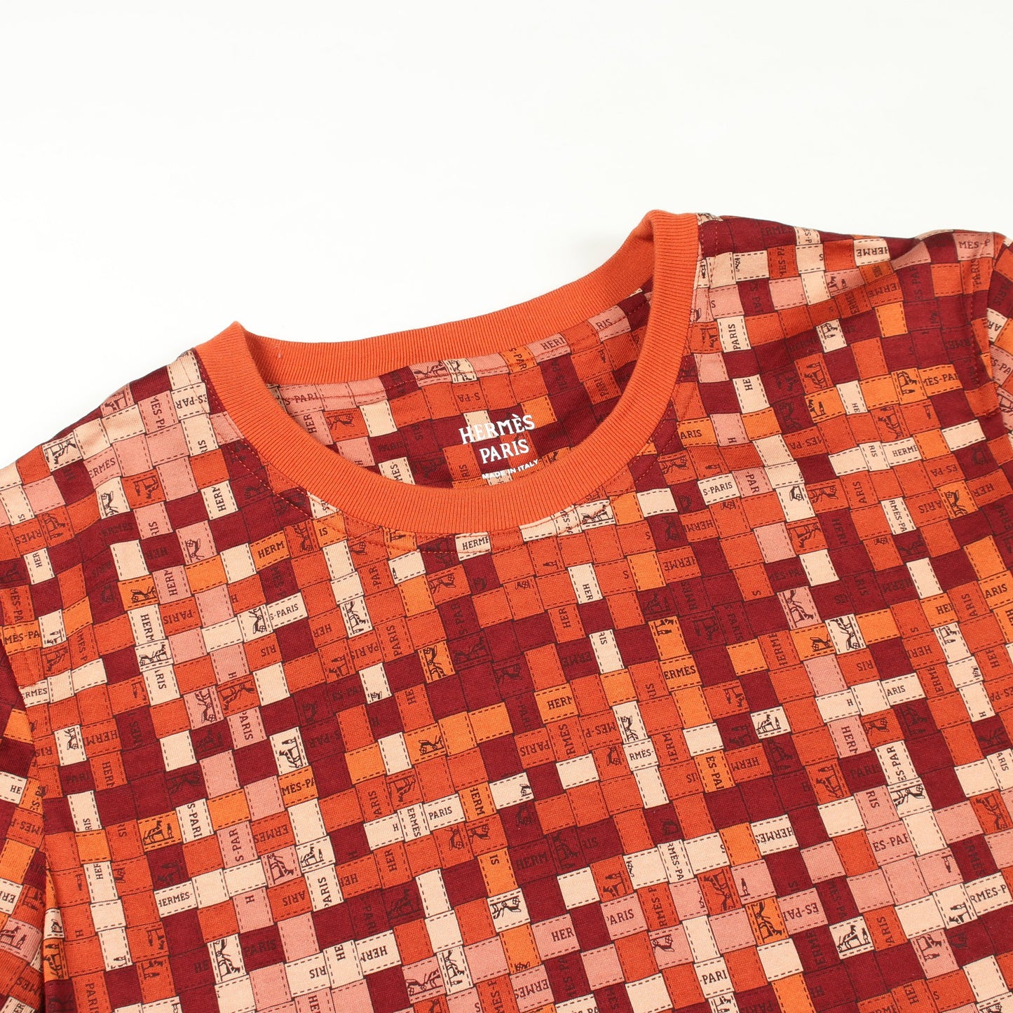 ボルデュックチェック 半袖Tシャツ コットン オレンジブラウン エルメス
