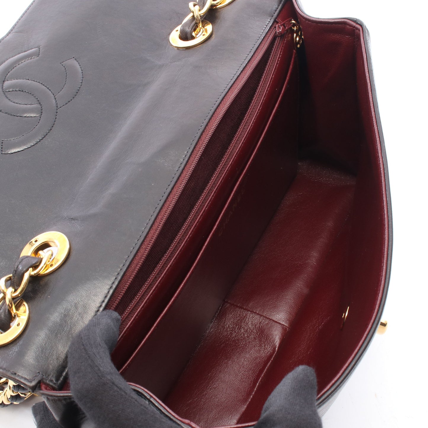 マドモアゼル デカココマーク シングルフラップ Wチェーンショルダーバッグ ラムスキン ブラック ゴールド金具 シャネル