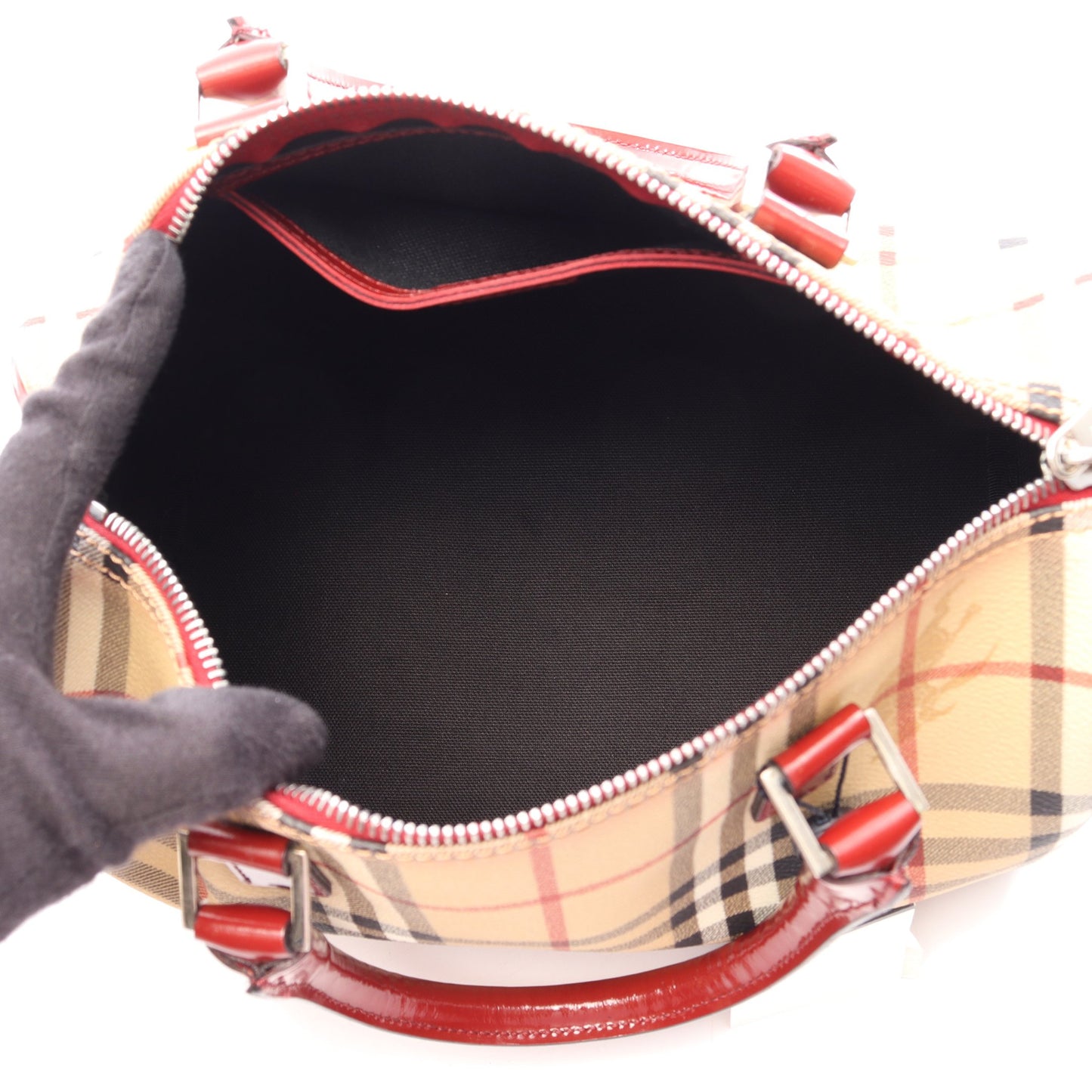 ヘイマーケットチェック ボウリングバッグ ハンドバッグ ミニボストンバッグ PVC レザー ベージュ マルチカラー バーバリー