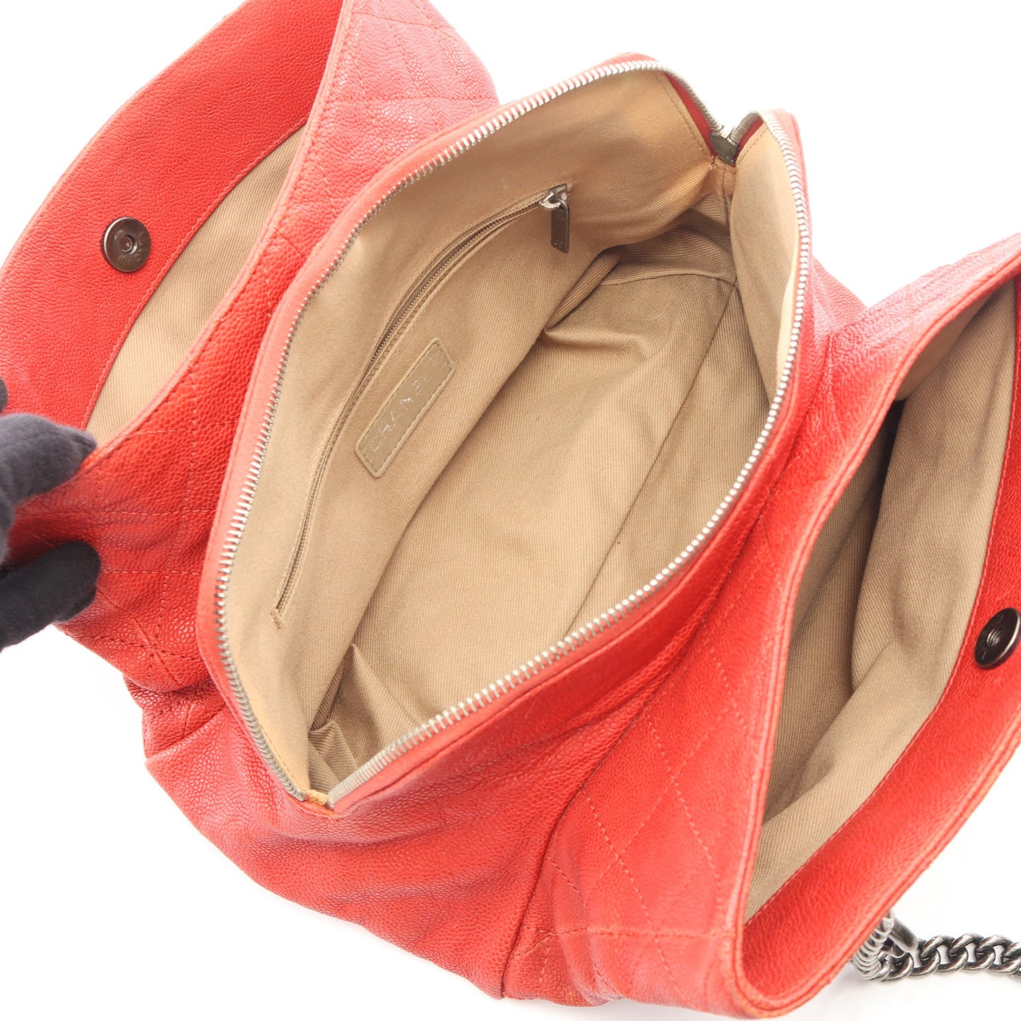 マトラッセ チェーンショルダーバッグ チェーントートバッグ キャビアスキン レッド シルバー金具 シャネル