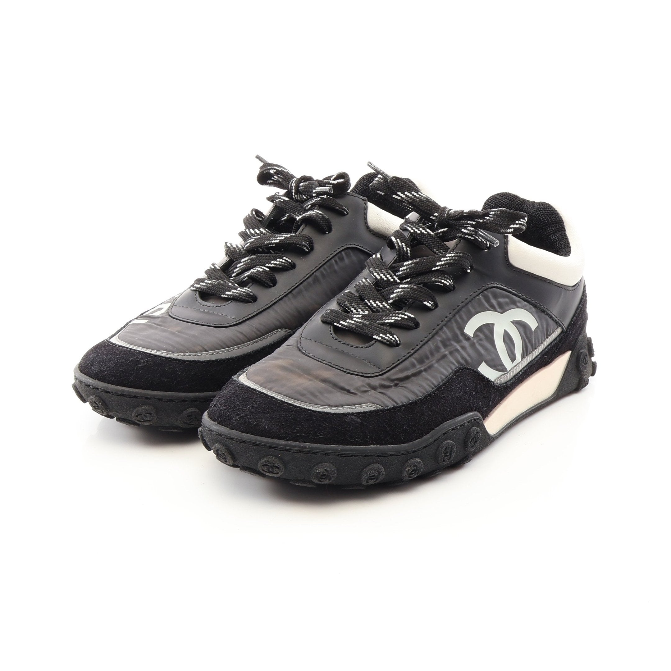 【CHANEL】美品 名作 シャネル ココマーク スエード×ナイロン スニーカー ココマーク ローカットスニーカー ナイロン スエード レザー ブラック