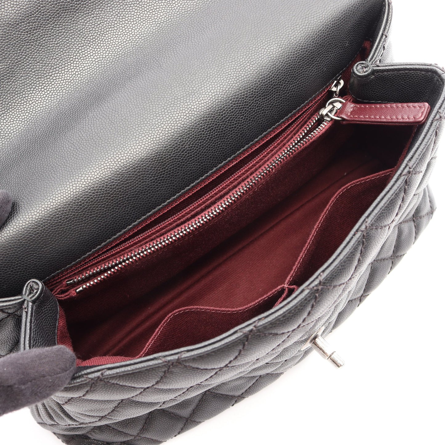 ココハンドル29 トップハンドル フラップ バッグ マトラッセ 2WAY ハンドバッグ キャビアスキン ブラック シルバー金具 シャネル