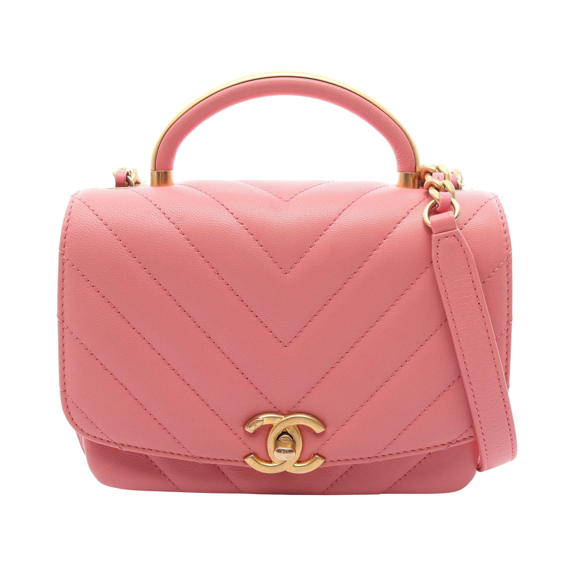 シェブロン Vステッチ トップハンドル 2WAY チェーンショルダーバッグ レザー ピンク ゴールド金具 シャネル バッグ CHANEL