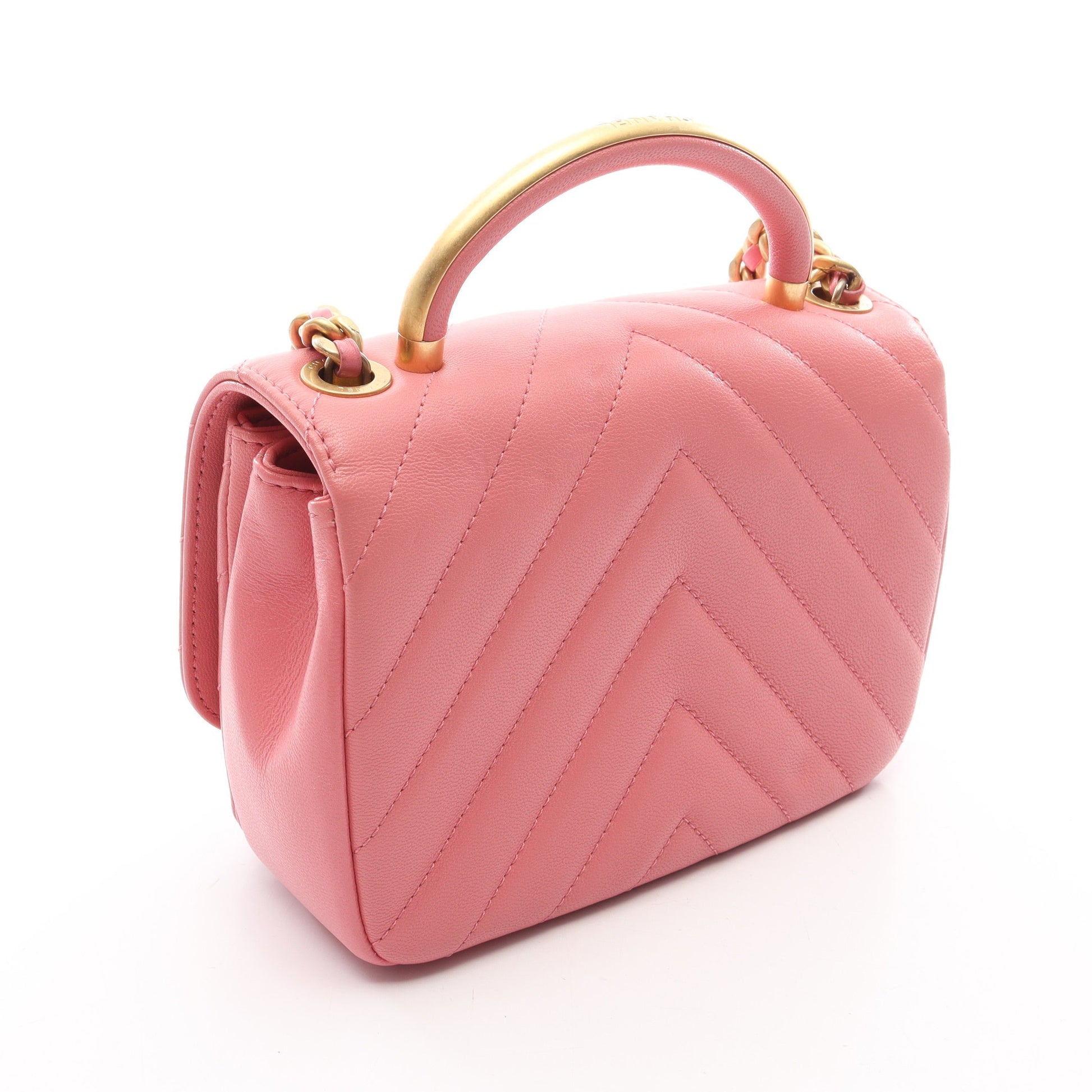 シェブロン Vステッチ トップハンドル 2WAY チェーンショルダーバッグ レザー ピンク ゴールド金具 シャネル バッグ CHANEL