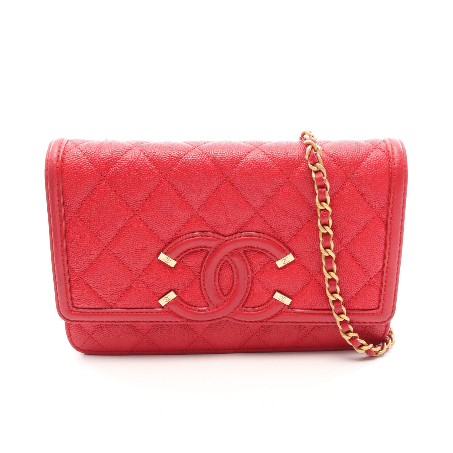 CCフィリグリー マトラッセ チェーンウォレット キャビアスキン レッド ゴールド金具 シャネル