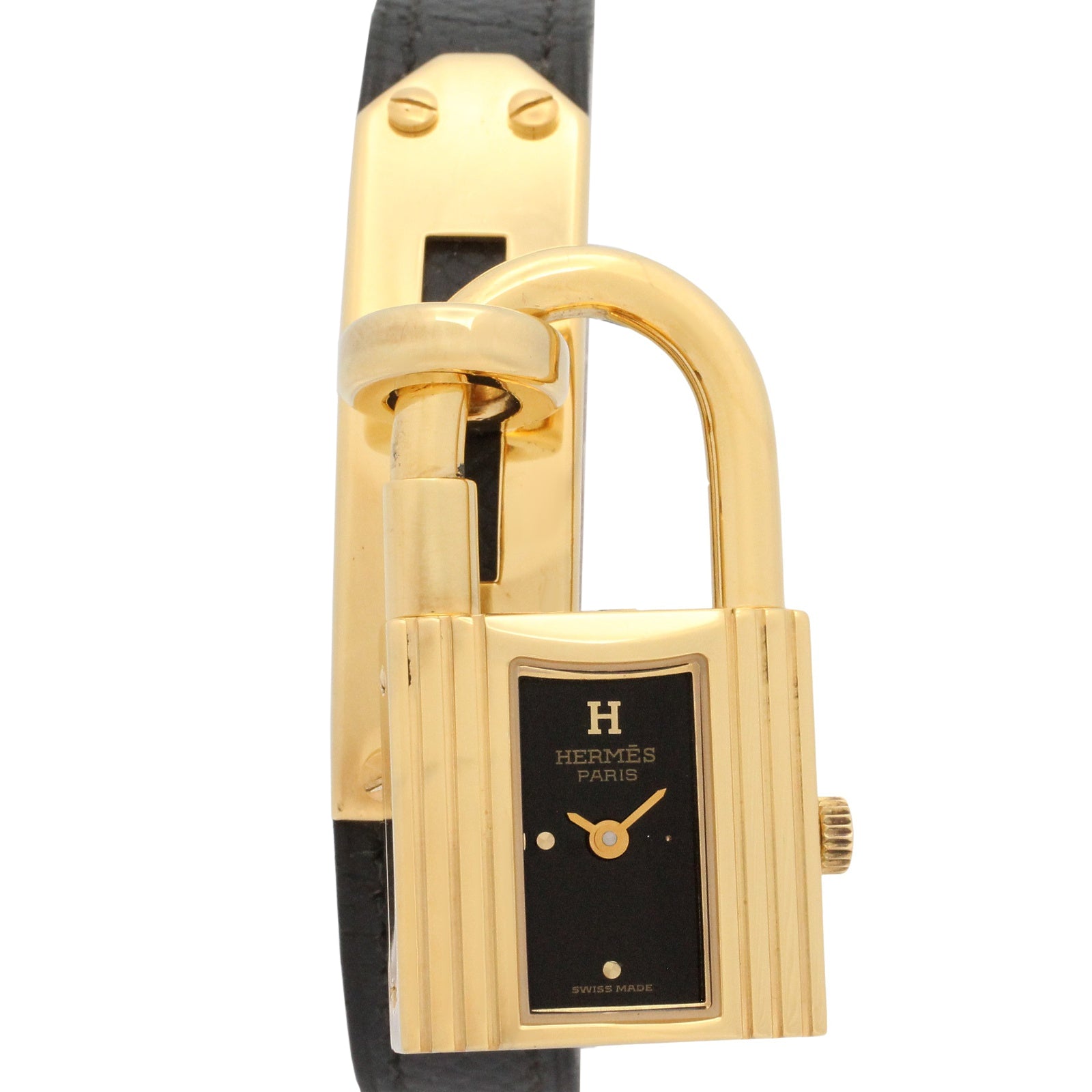 ケリーウォッチ レディース 腕時計 クオーツ GP（ゴールドメッキ） レザーベルト ブラック エルメス 時計 HERMES