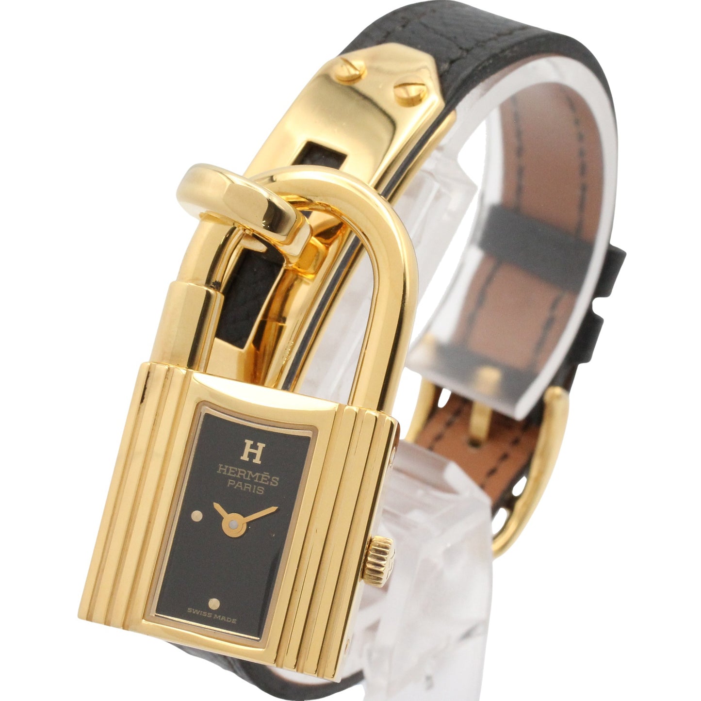ケリーウォッチ レディース 腕時計 クオーツ GP（ゴールドメッキ） レザーベルト ブラック エルメス 時計 HERMES