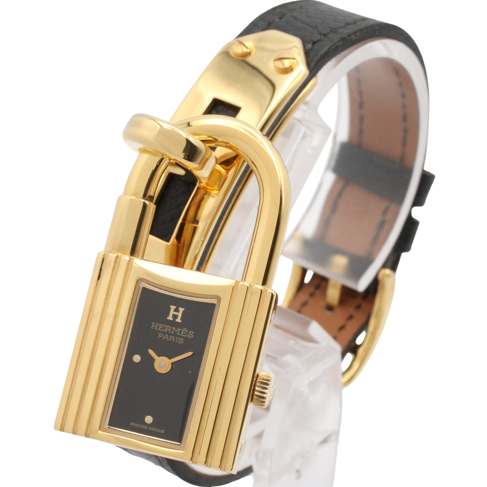 ケリーウォッチ レディース 腕時計 クオーツ GP（ゴールドメッキ） レザーベルト ブラック エルメス 時計 HERMES
