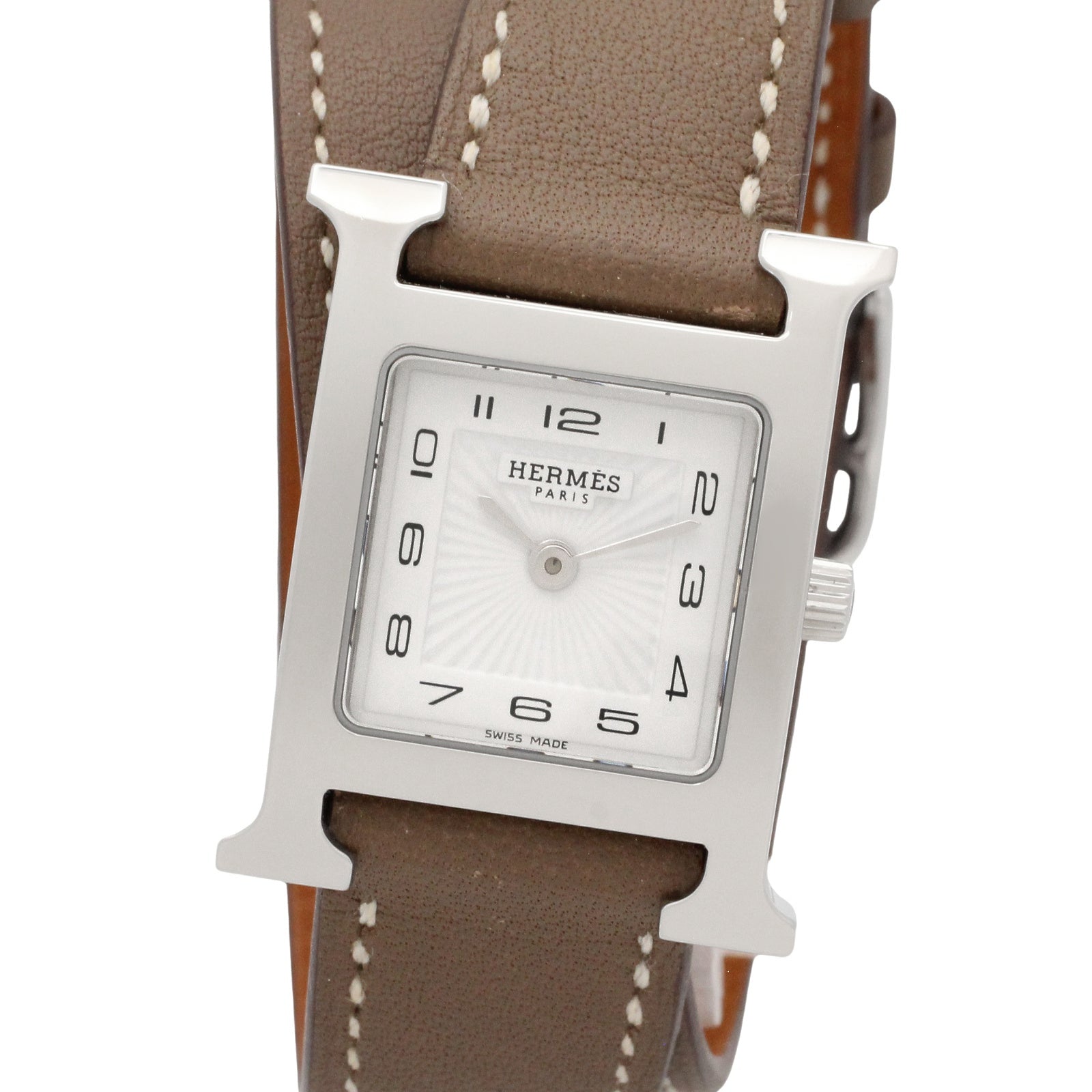 Hウォッチ ドゥブルトゥール レディース 腕時計 クオーツ ステンレススチール レザーベルト ホワイト エルメス 時計 HERMES