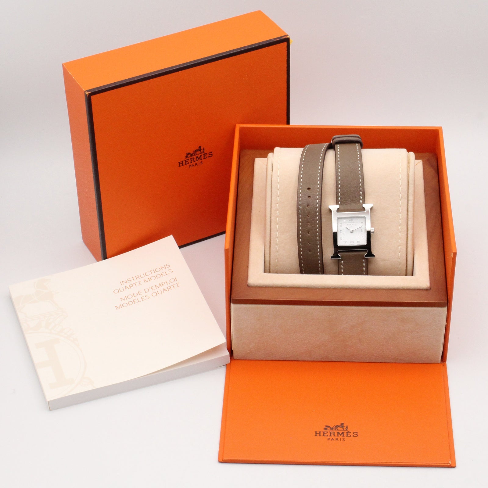 Hウォッチ ドゥブルトゥール レディース 腕時計 クオーツ ステンレススチール レザーベルト ホワイト エルメス 時計 HERMES