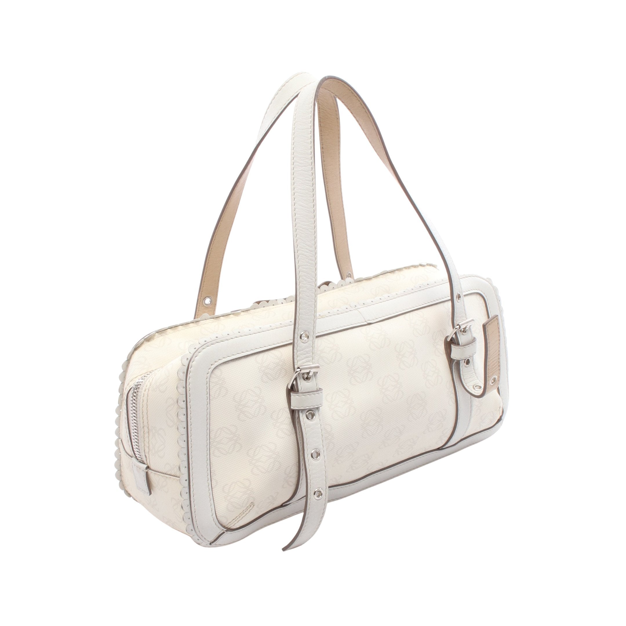 LOEWE ハンドバッグ アナグラム PVC 総柄 ホワイト アナグラム リボン ハンドバッグ PVC レザー ホワイト ライトグレー