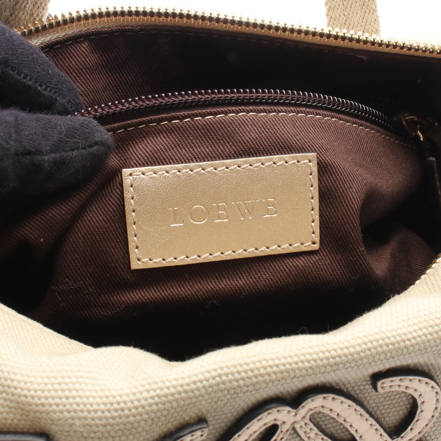 アナグラム ハンドバッグ キャンバス レザー カーキベージュ シャンパンゴールド ロエベ バッグ LOEWE