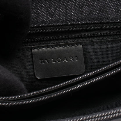 ロゴマニア ショルダーバッグ デニム レザー インディゴブルー ブラック ブルガリ バッグ BVLGARI