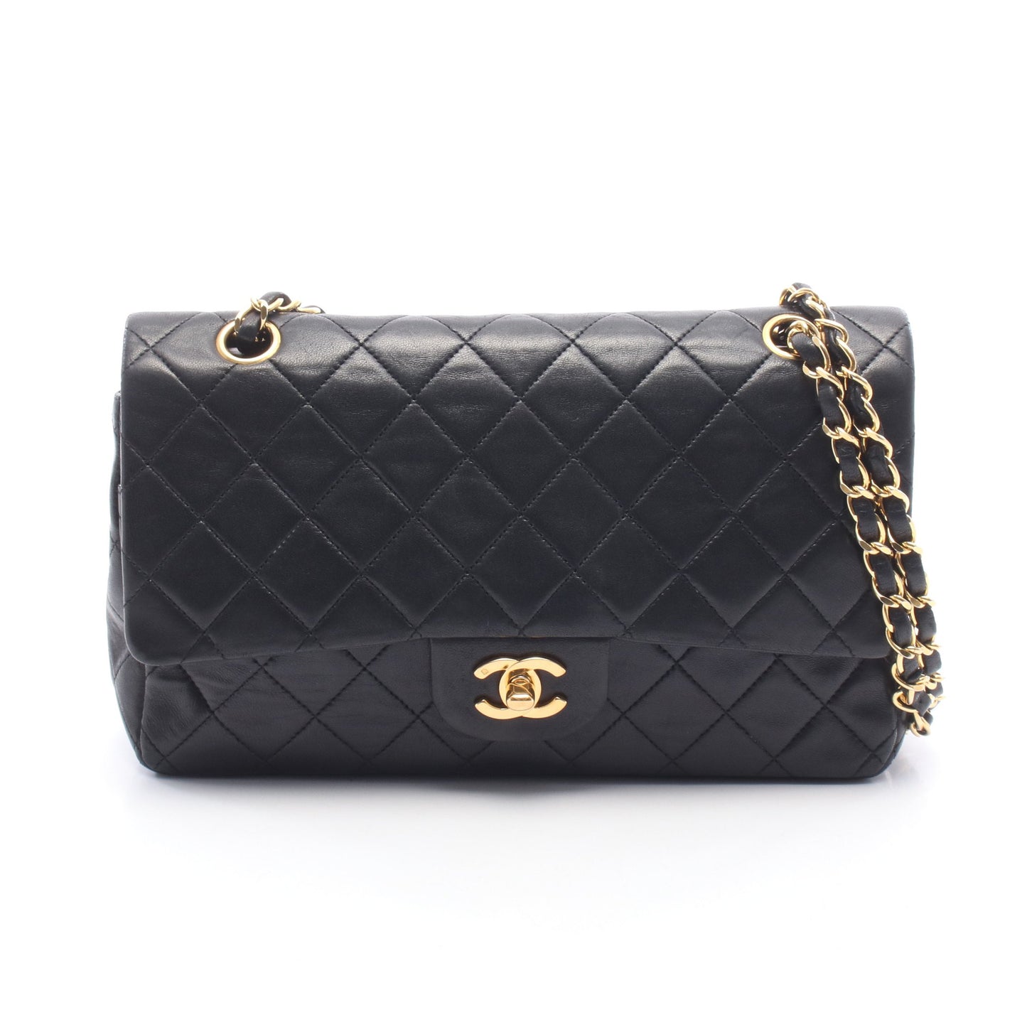 マトラッセ Wフラップ Wチェーンショルダーバッグ ラムスキン ブラック ゴールド金具 シャネル バッグ CHANEL