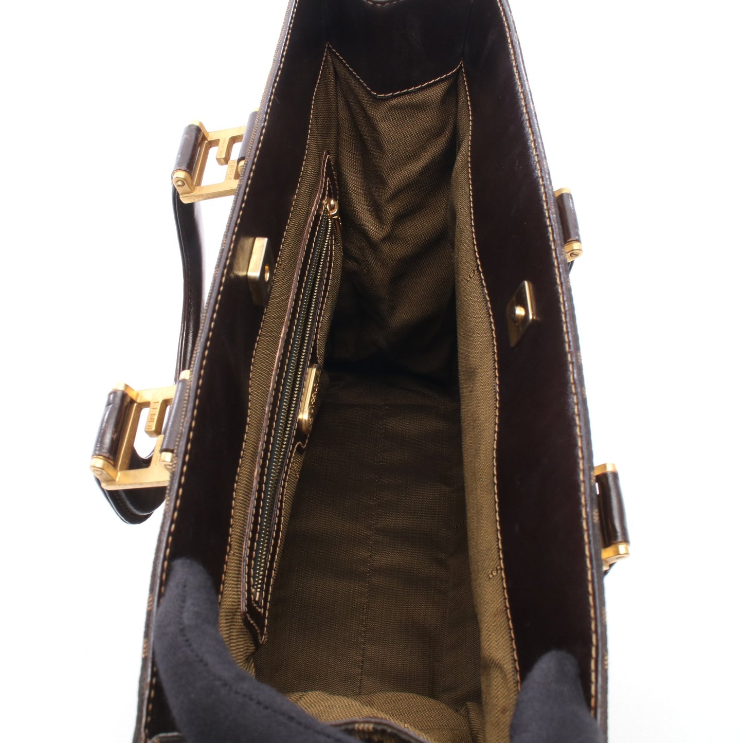 ズッカ ハンドバッグ トートバッグ キャンバス レザー ブラウン ダークブラウン フェンディ バッグ FENDI