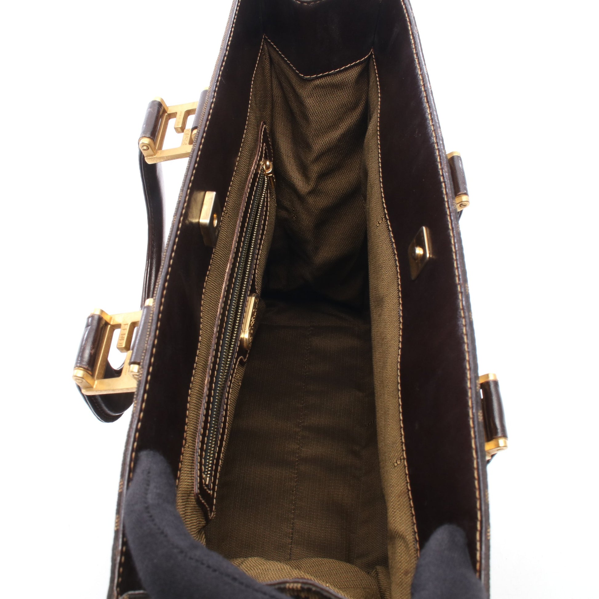 ズッカ ハンドバッグ トートバッグ キャンバス レザー ブラウン ダークブラウン フェンディ バッグ FENDI