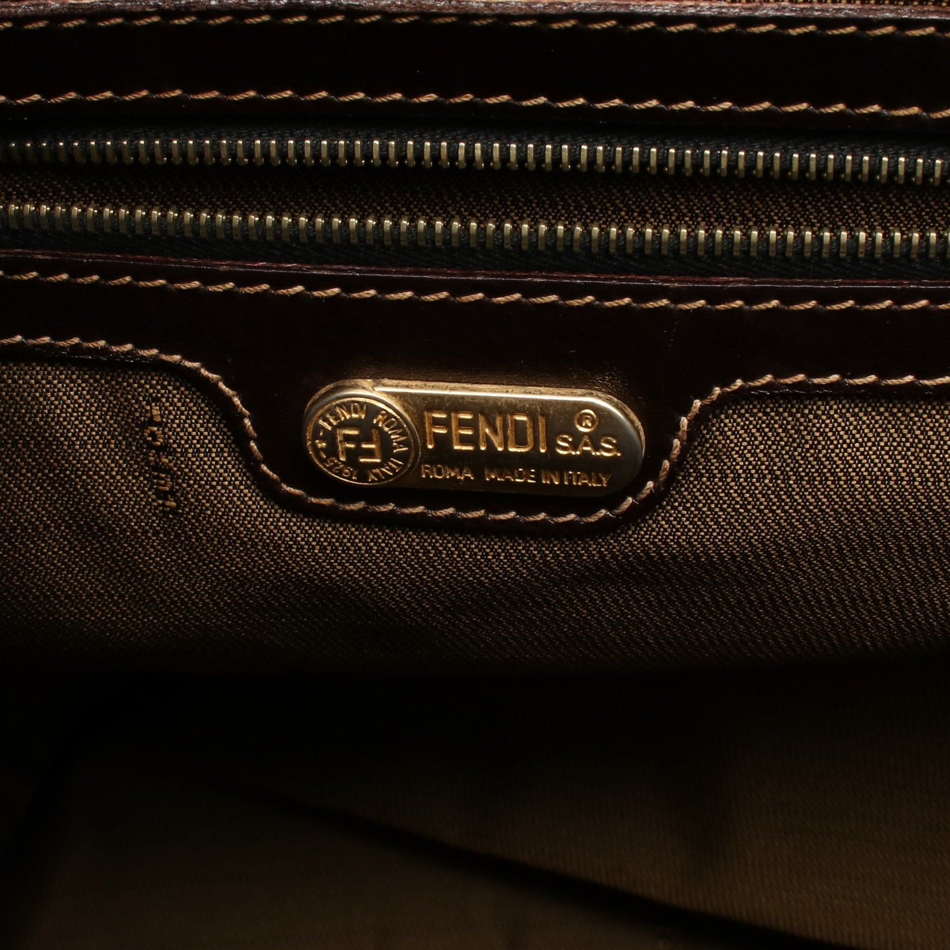 ズッカ ハンドバッグ トートバッグ キャンバス レザー ブラウン ダークブラウン フェンディ バッグ FENDI