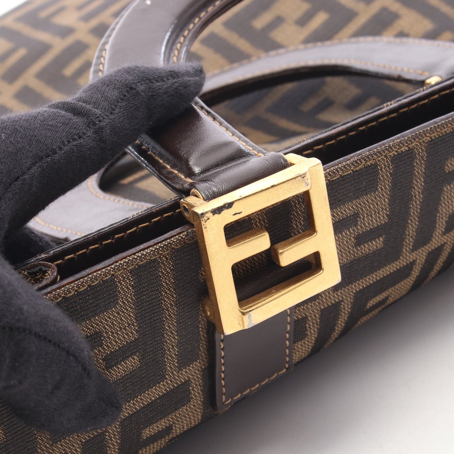 ズッカ ハンドバッグ トートバッグ キャンバス レザー ブラウン ダークブラウン フェンディ バッグ FENDI