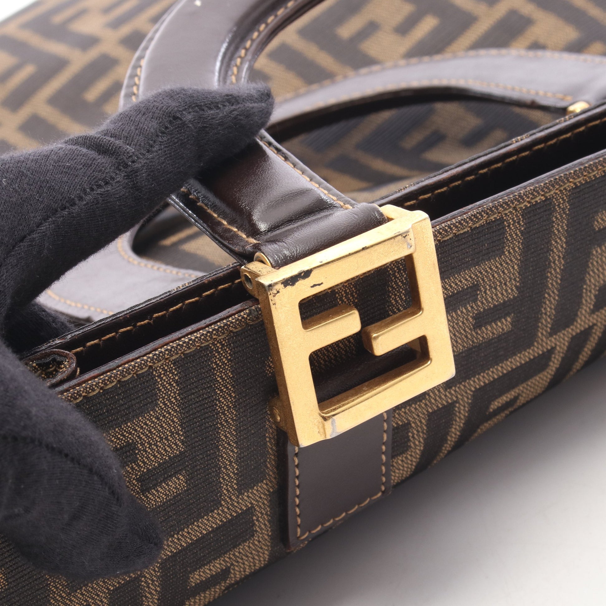 ズッカ ハンドバッグ トートバッグ キャンバス レザー ブラウン ダークブラウン フェンディ バッグ FENDI
