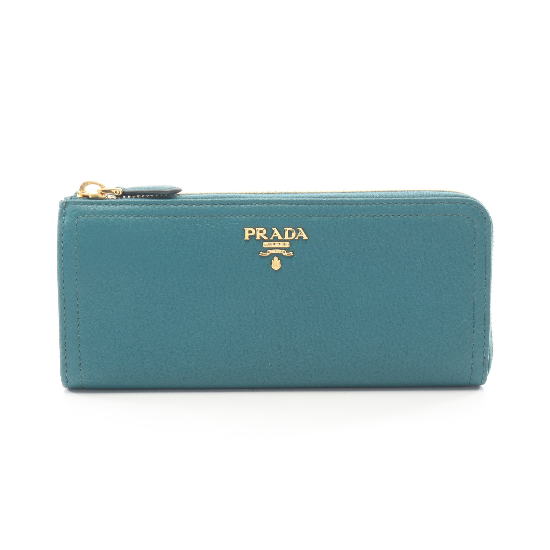 激レア✨PRADA サフィアーノ メタルロゴ 緑 折り財布 長財布 フラップ メタル ロゴ L型ZIP長財布 L字ファスナー長財布 レザー ブルーグリーン