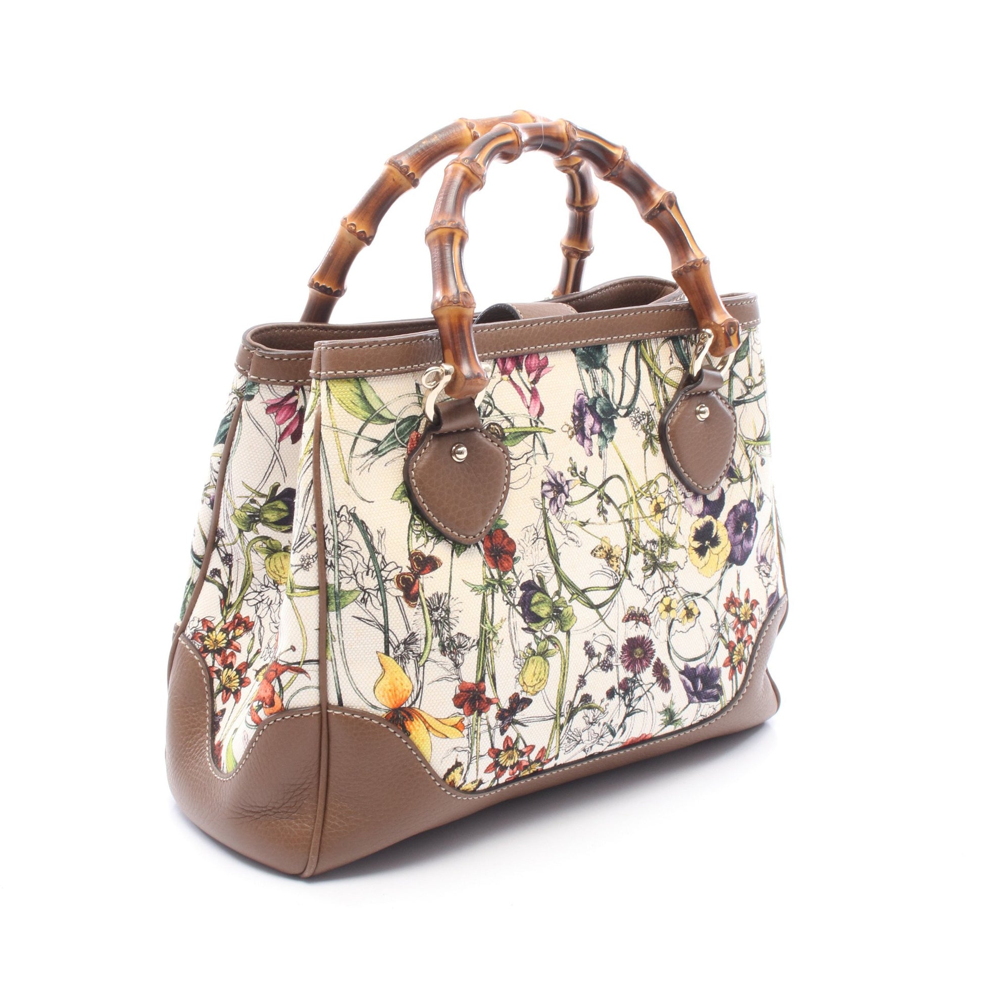 ダイアナ バンブー ハンドバッグ キャンバス レザー ブラウン アイボリー マルチカラー グッチ バッグ GUCCI