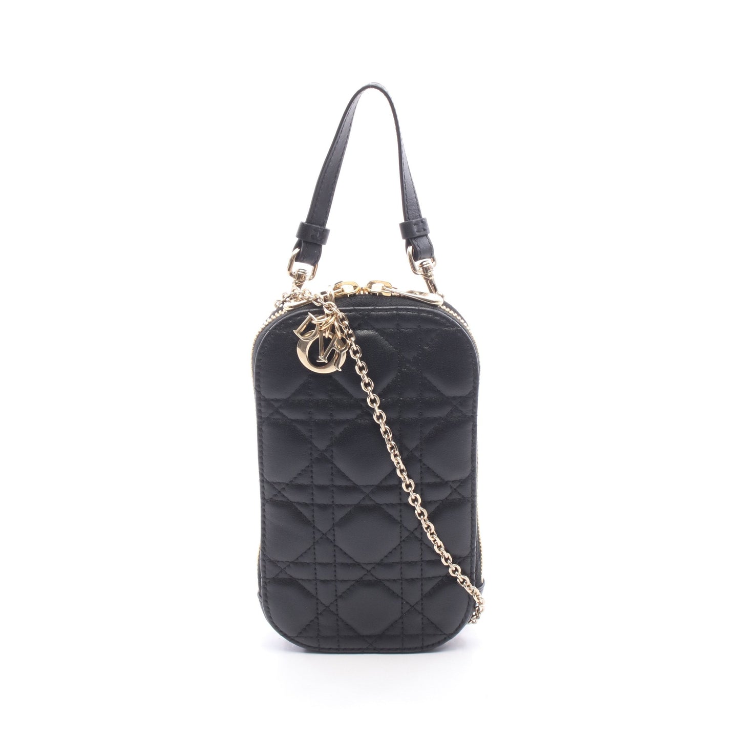 LADY DIOR レディディオール フォンホルダー カナージュ ハンドバッグ レザー ブラック クリスチャンディオール