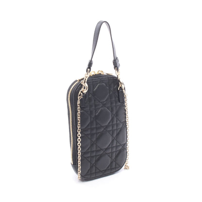 LADY DIOR レディディオール フォンホルダー カナージュ ハンドバッグ レザー ブラック クリスチャンディオール