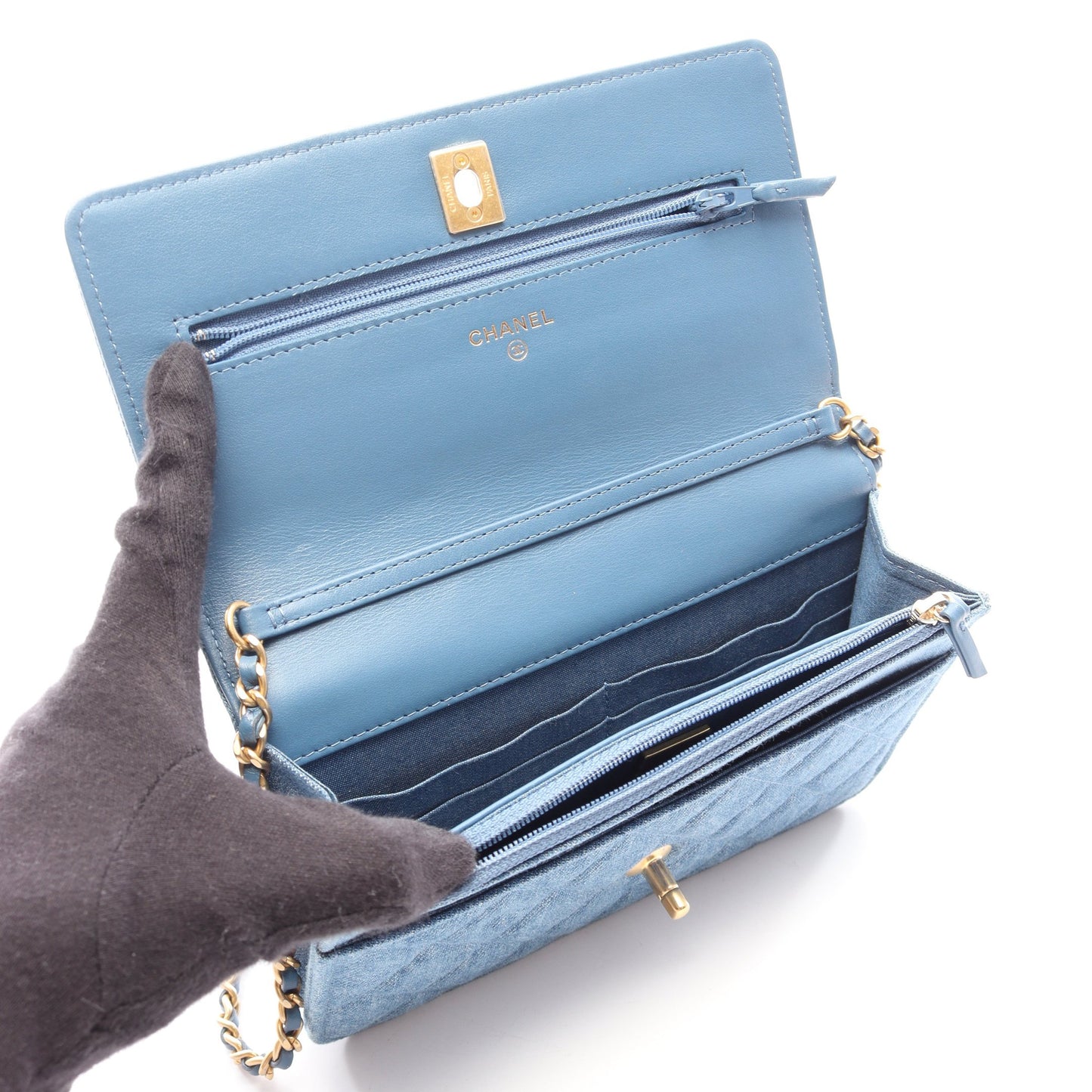 マトラッセ チェーンウォレット デニム ブルー ゴールド金具 シャネル