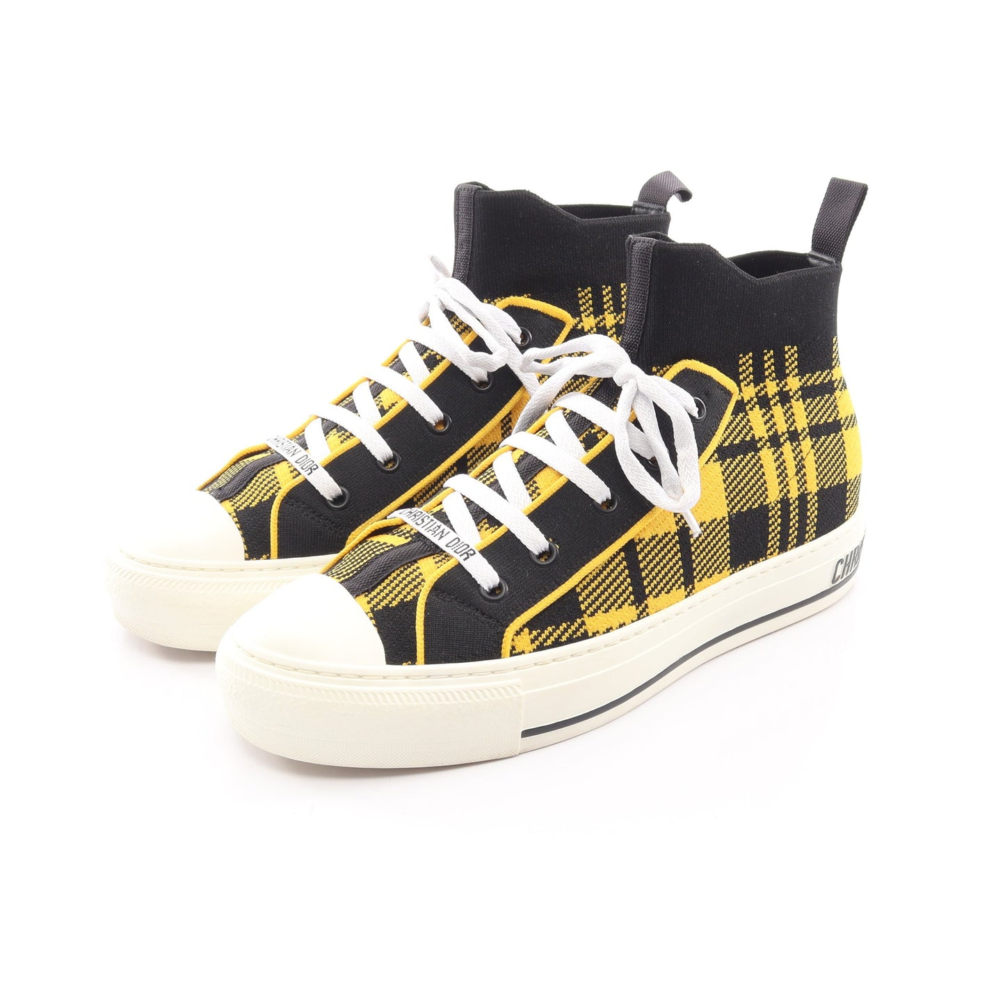 WALK'N'DIOR ハイトップ チェック ハイカットスニーカー ニットファブリック イエロー ブラック ホワイト クリスチャンディオール