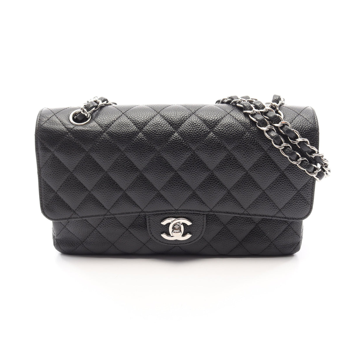 マトラッセ Wフラップ Wチェーンショルダーバッグ キャビアスキン ブラック シルバー金具 シャネル バッグ CHANEL