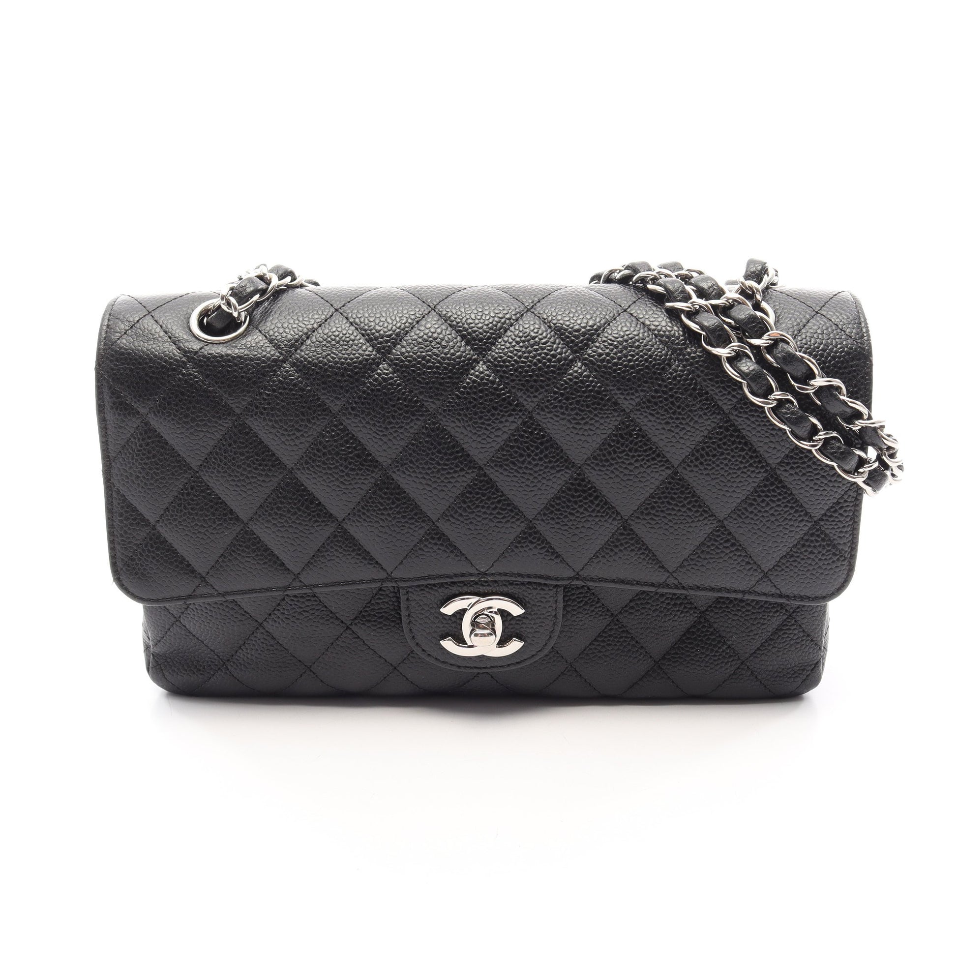 マトラッセ Wフラップ Wチェーンショルダーバッグ キャビアスキン ブラック シルバー金具 シャネル バッグ CHANEL