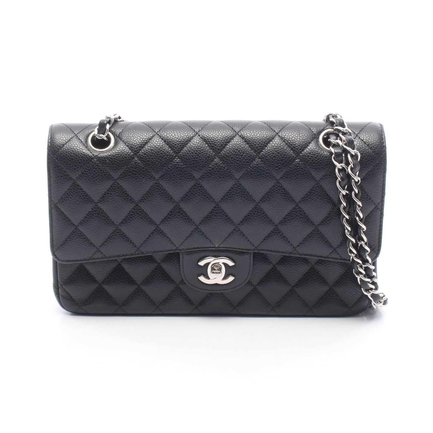 マトラッセ Wフラップ Wチェーンショルダーバッグ キャビアスキン ブラック シルバー金具 シャネル バッグ CHANEL