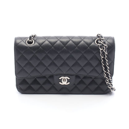 マトラッセ Wフラップ Wチェーンショルダーバッグ キャビアスキン ブラック シルバー金具 シャネル バッグ CHANEL