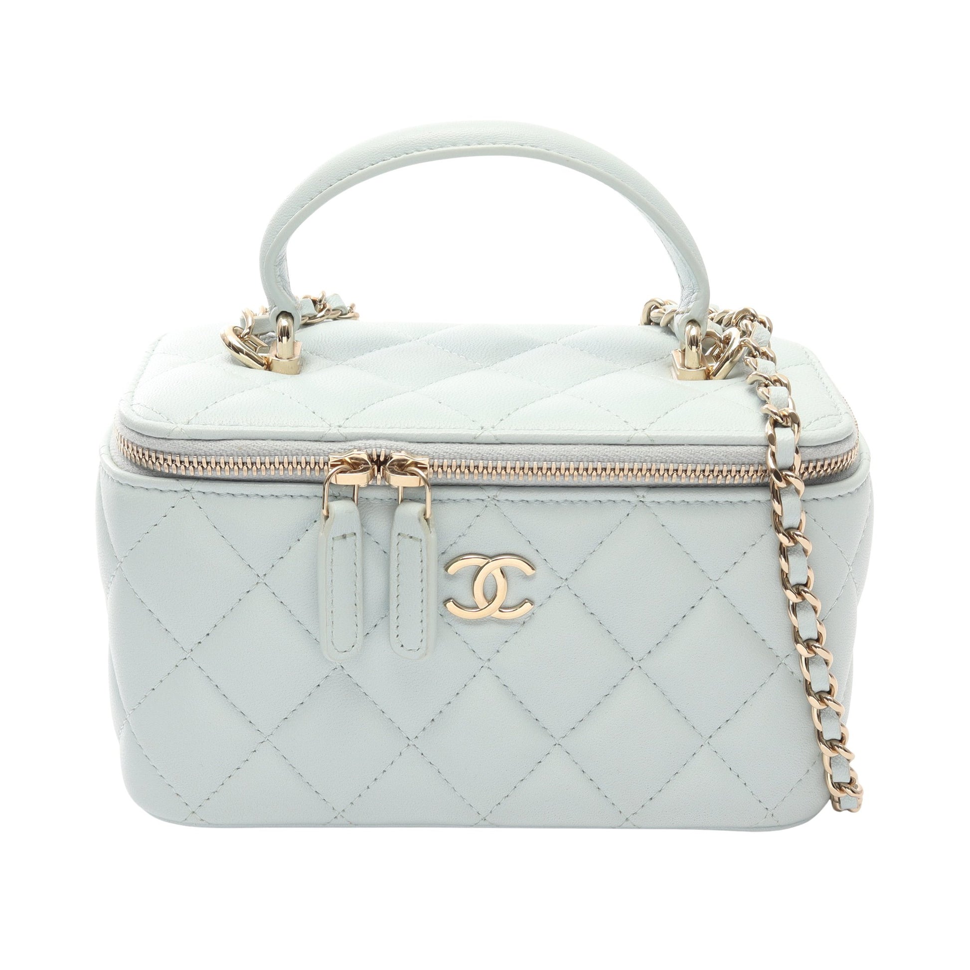 マトラッセ バニティバッグ 2WAY チェーンショルダーバッグ ラムスキン ライトブルー ゴールド金具 シャネル バッグ CHANEL