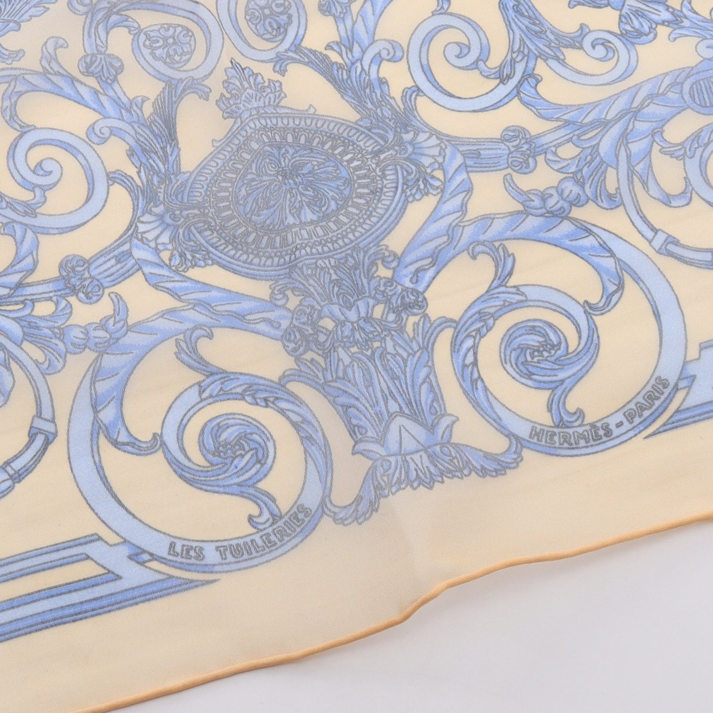プチカレ カレ45 モスリン LES TUILERIES スカーフ シルク ライトベージュ ブルー エルメス