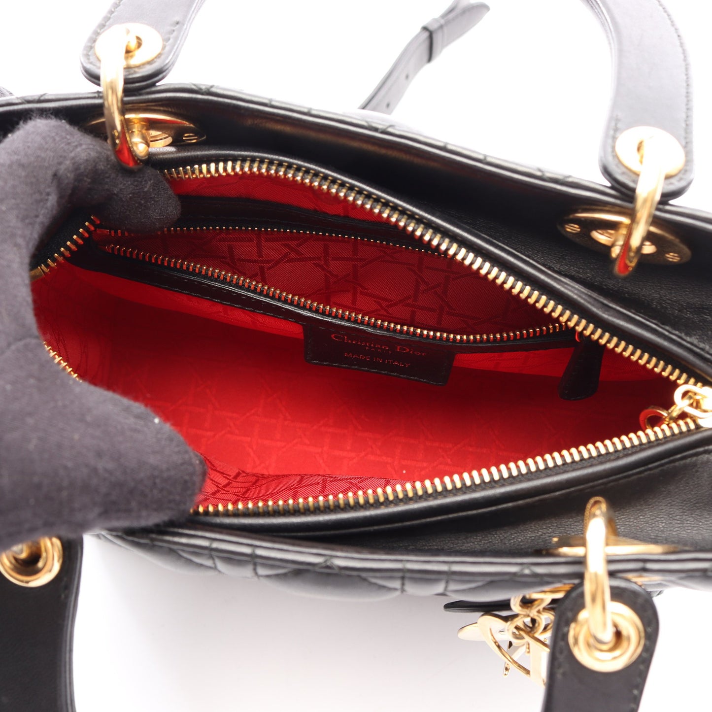 LADY DIOR レディディオール ミディアム カナージュ 2WAY ハンドバッグ レザー ブラック クリスチャンディオール