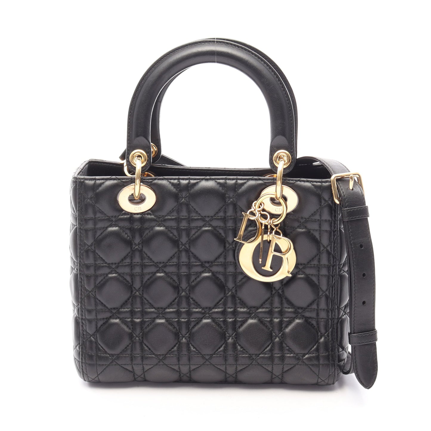 LADY DIOR レディディオール ミディアム カナージュ 2WAY ハンドバッグ レザー ブラック クリスチャンディオール