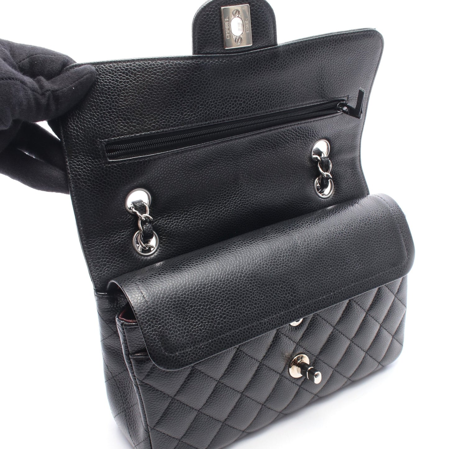 マトラッセ Wフラップ Wチェーンショルダーバッグ キャビアスキン ブラック シルバー金具 シャネル バッグ CHANEL