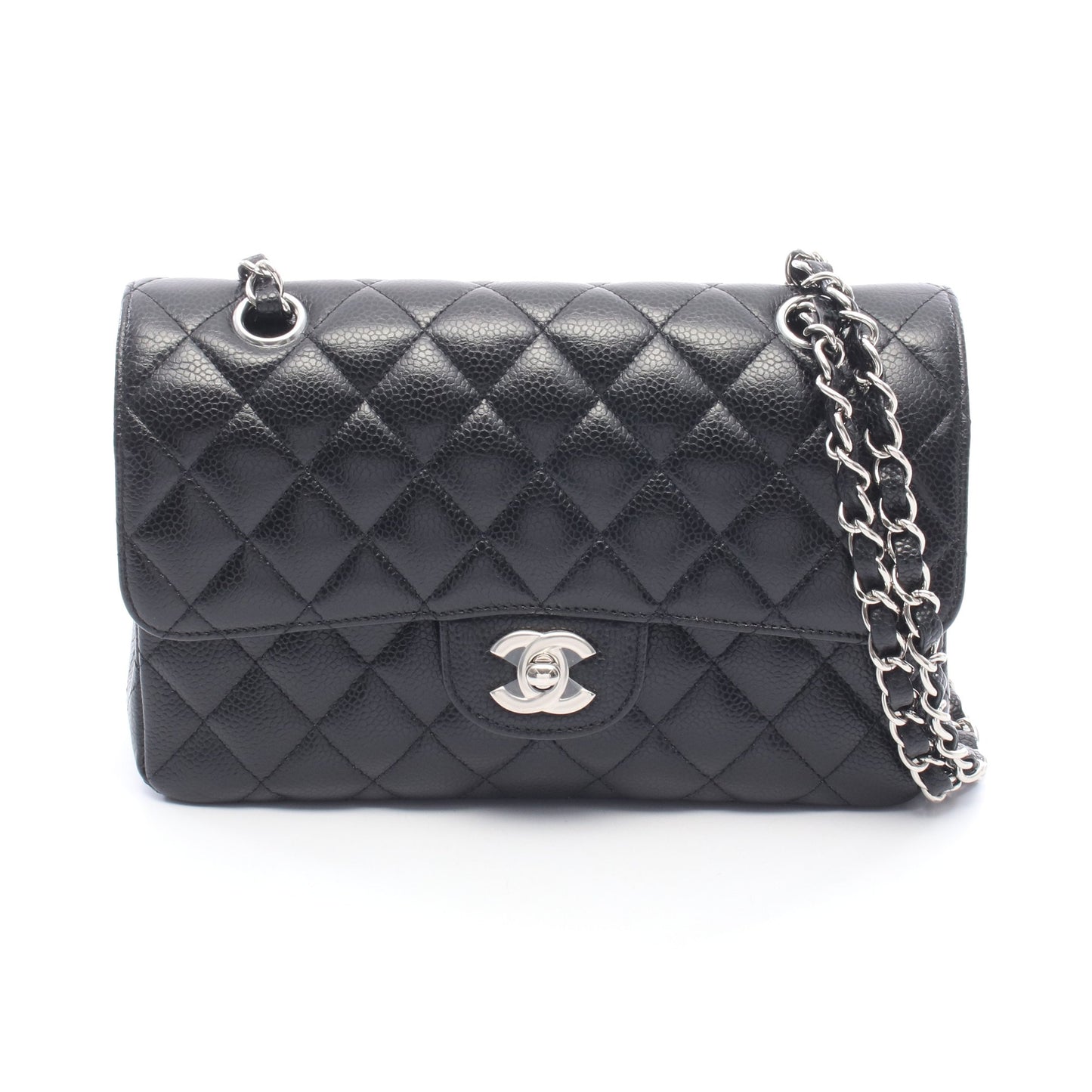マトラッセ Wフラップ Wチェーンショルダーバッグ キャビアスキン ブラック シルバー金具 シャネル バッグ CHANEL