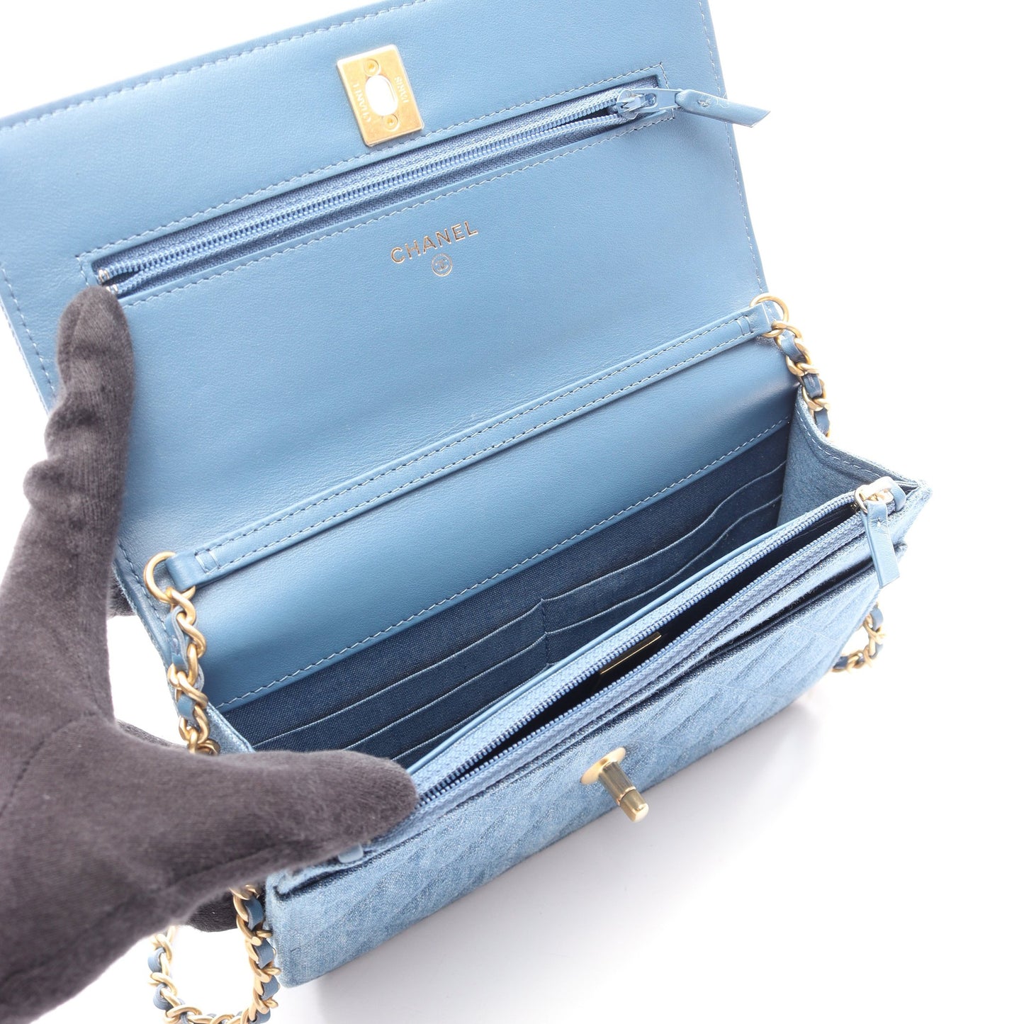 マトラッセ チェーンウォレット デニム ブルー ゴールド金具 シャネル