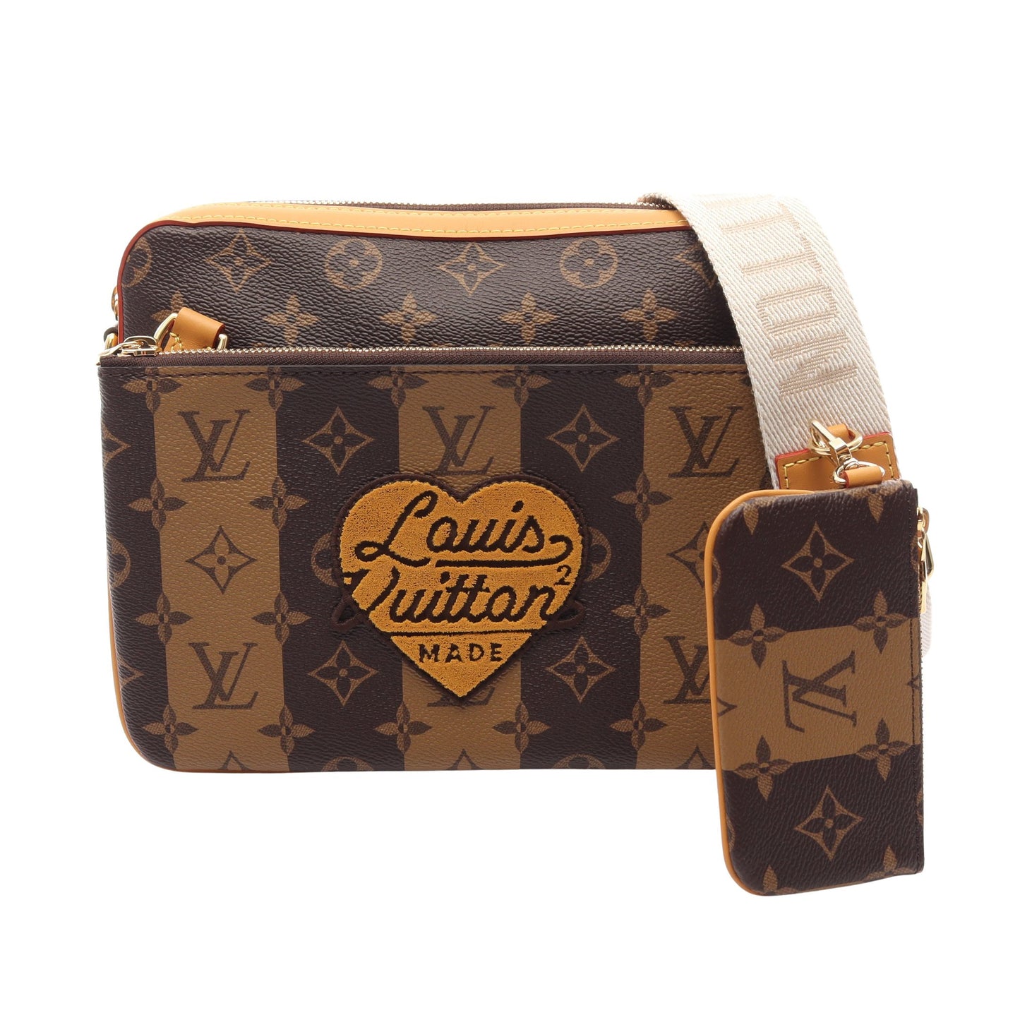 LOUIS VUITTON × NIGO トリオ メッセンジャー モノグラムストライプ LVスクエアード ショルダーバッグ PVC レザー ブラウン ルイヴィトン