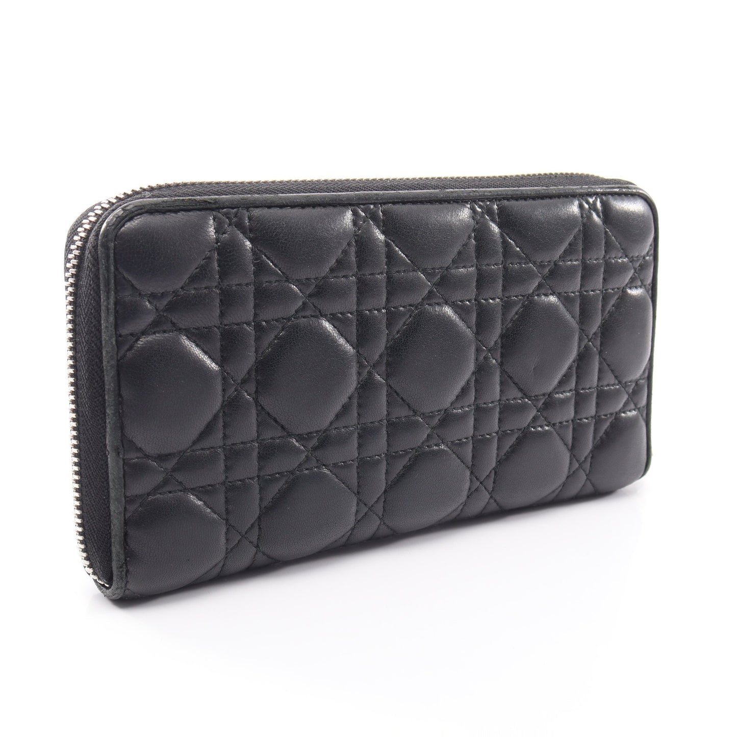 LADY DIOR VOYAGEUR カナージュ ラウンドファスナー長財布 レザー ブラック クリスチャンディオール