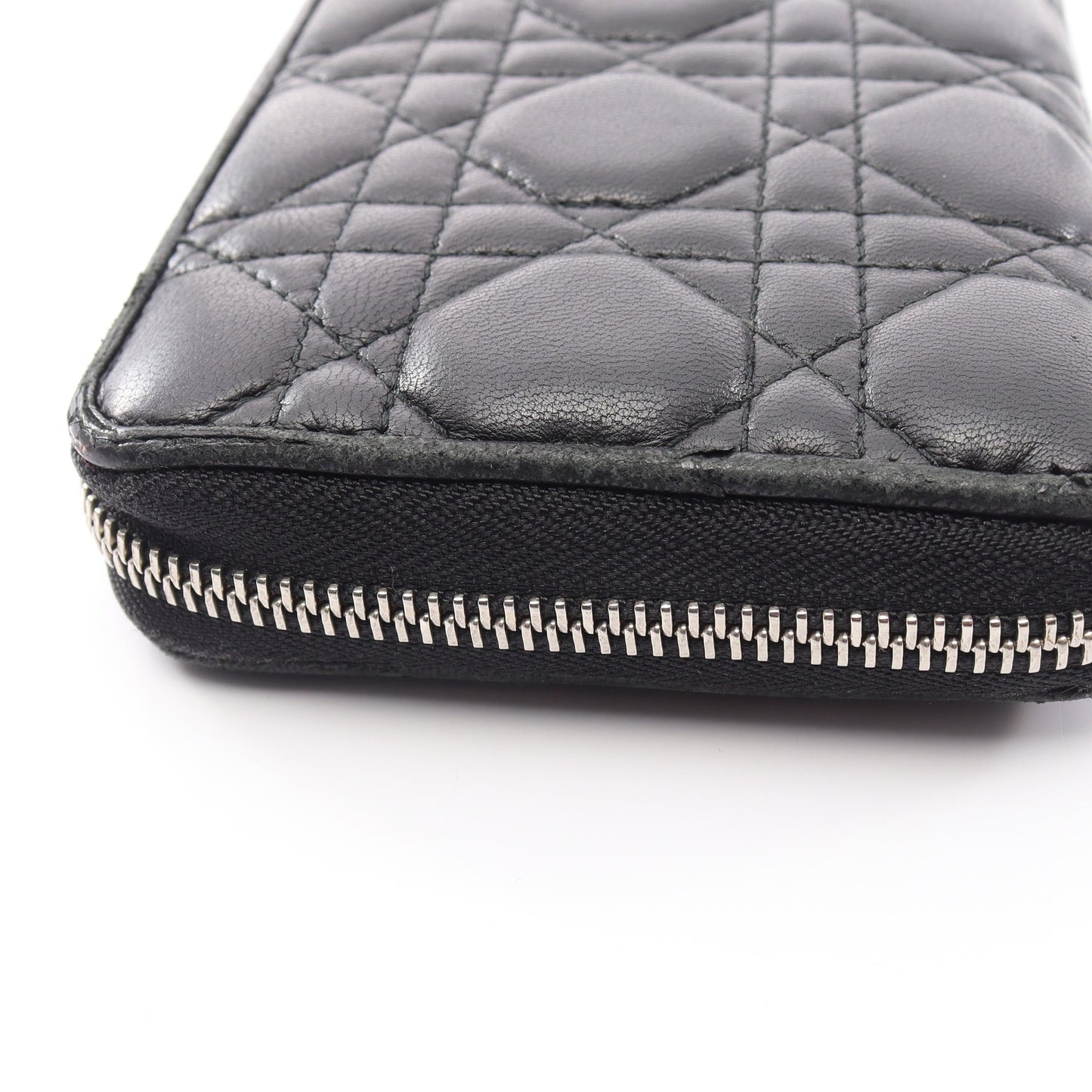 LADY DIOR VOYAGEUR カナージュ ラウンドファスナー長財布 レザー ブラック クリスチャンディオール