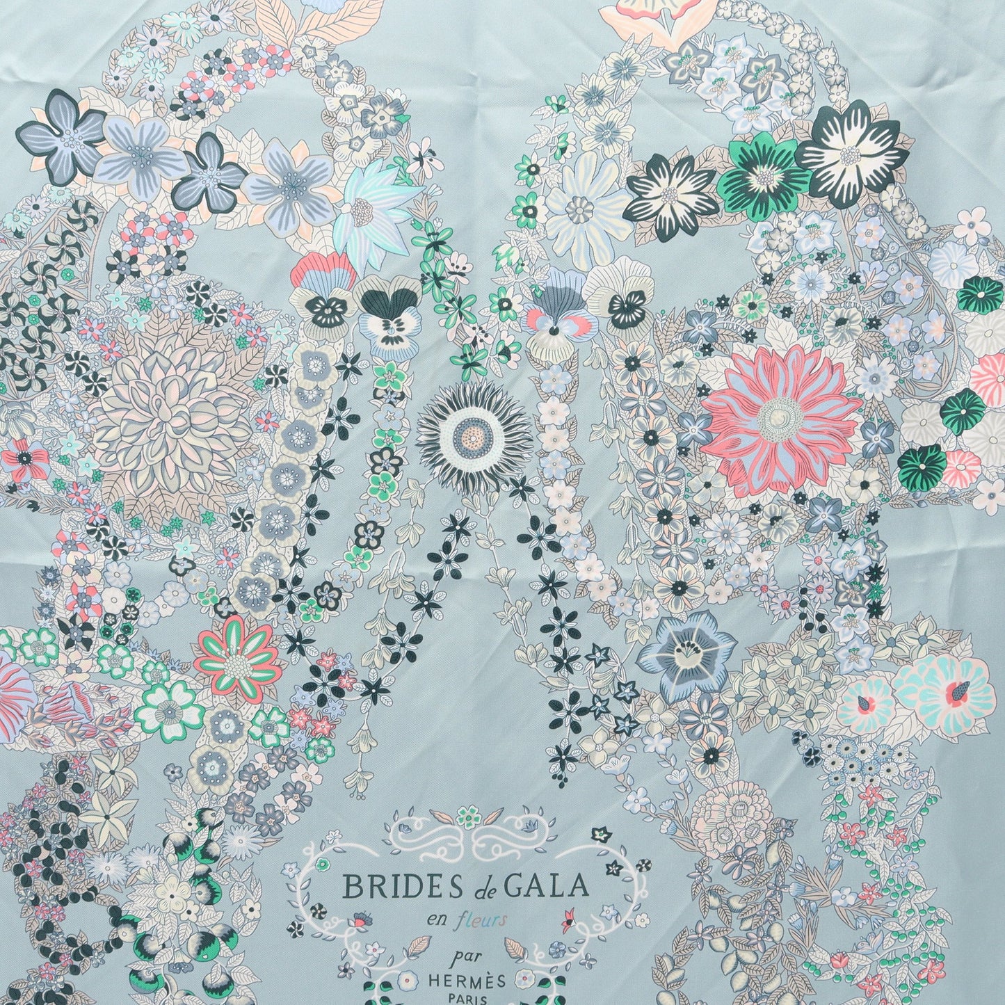カレ90 BRIDES de GALA en fleurs スカーフ シルク ブルーグレー オフホワイト マルチカラー エルメス