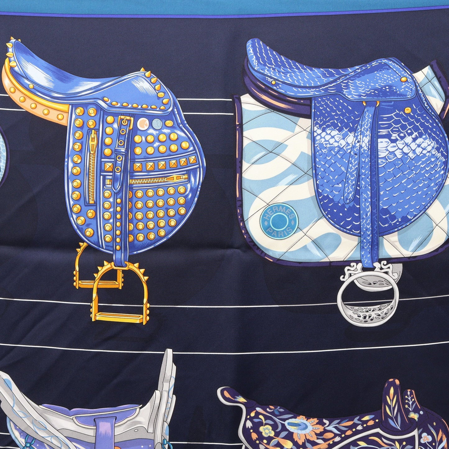 カレ90 TOUS EN SELLE スカーフ シルク ネイビー マルチカラー エルメス