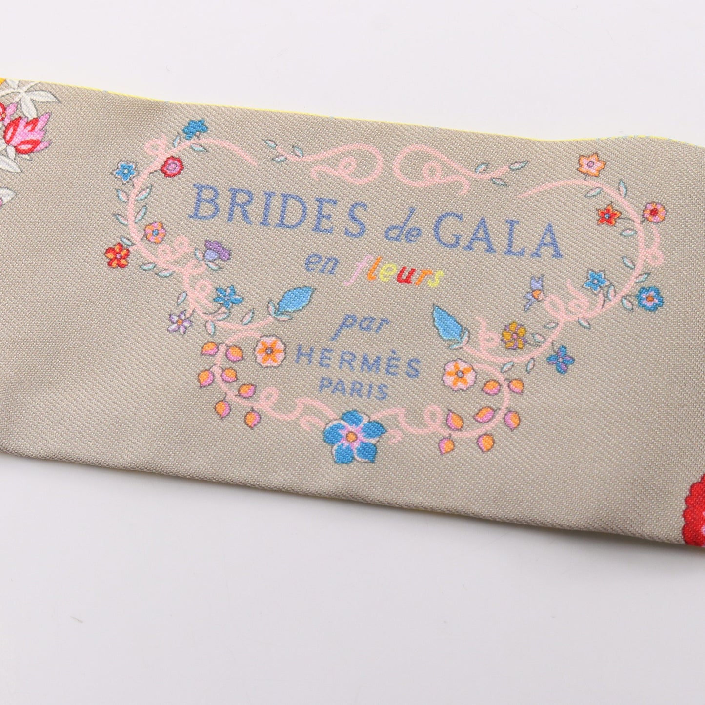 ツイリー Brides de Gala en Fleurs リボン スカーフ シルク グレーブラウン イエロー マルチカラー エルメス