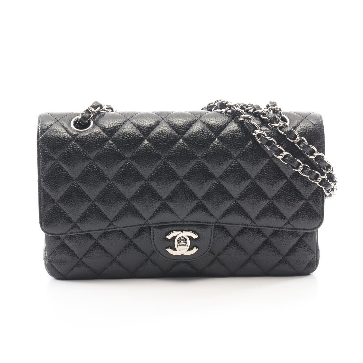 マトラッセ Wフラップ Wチェーンショルダーバッグ キャビアスキン ブラック シルバー金具 シャネル バッグ CHANEL